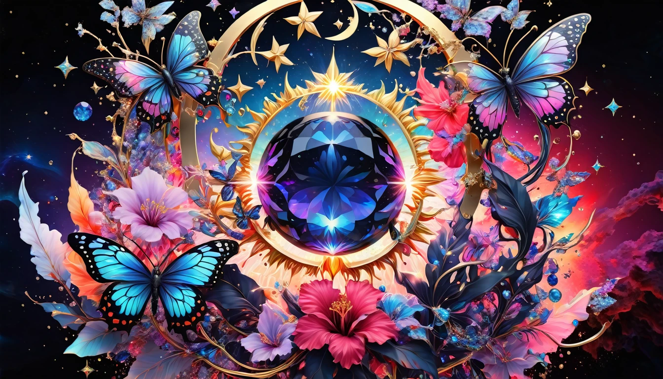Deep black space background、star、惑star、the sun and the moon、colorful paint splash、 Surrounded by bright light.Cosmic Black with Neon Bioluminescent Color, Icy Red,14kt pure gold color. Creating a fusion of these symbols,Fiery pink rose, Bioluminescent Neon Blue, Red hibiscus, Fiery Bioluminescent Blue Sapphire, Purple and white diamonds、Lots of purple sapphires and emeralds、Colorful butterflies