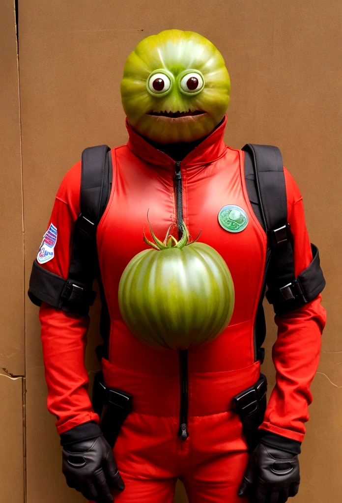 Three Tomato Aliens、No helmet、It has a green tomato stem on its head、The head is a red tomato、It has two eyes and is hanging up、Wearing a tight fitting space suit、With a rifle in his hand、The background is space