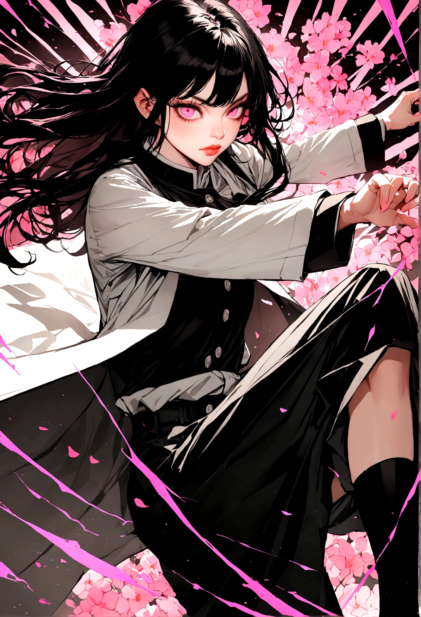 Demon slayer with her long-sleeved button-down shirt uniform, missing above the knees black color,a white haori with pink flowers that reaches to the knee with big pink eyes, lips neither big nor thin and a small nose, long hair down to the knees and loose pink color and in a fighting pose