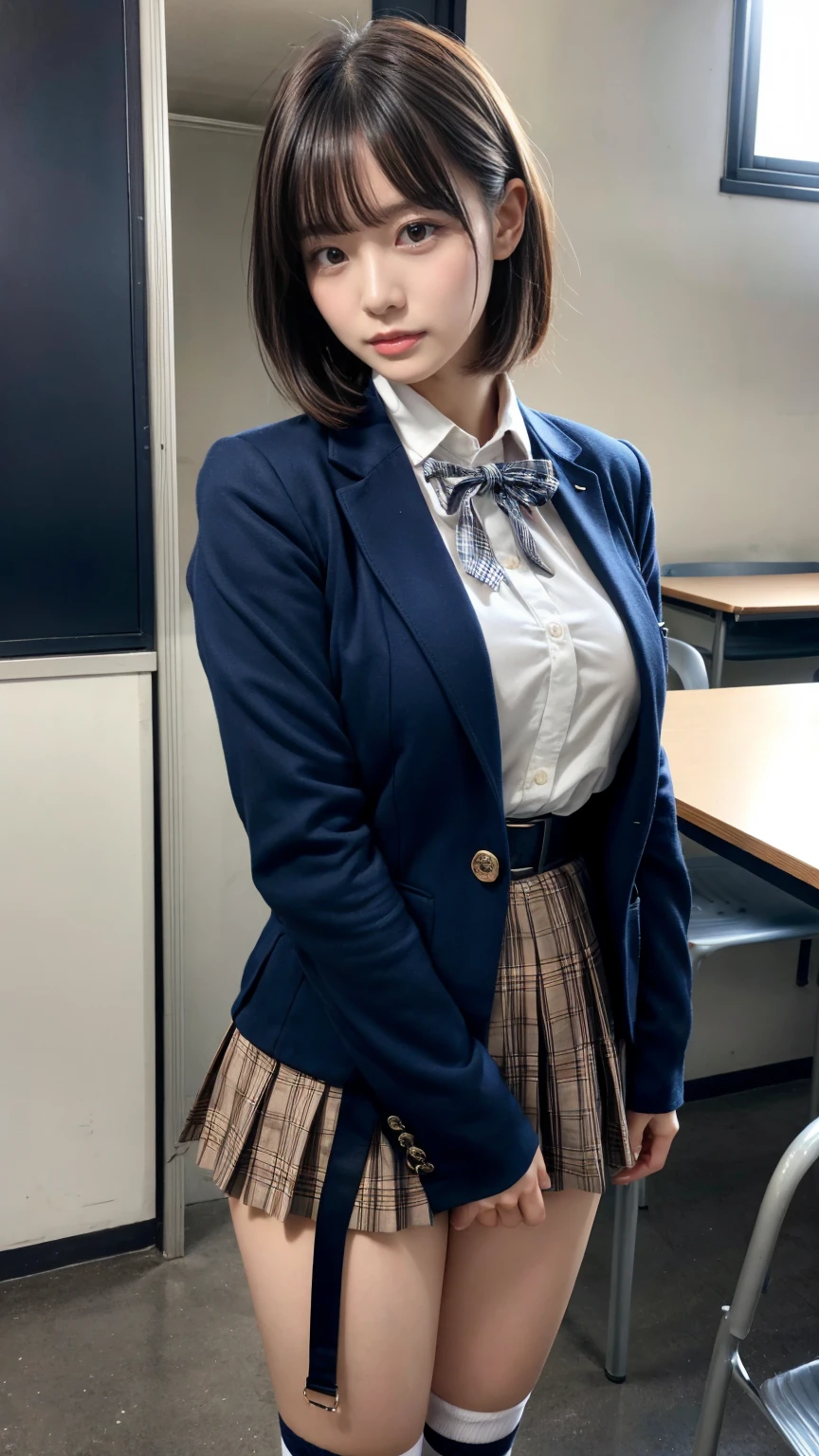 masterpiece, best quality, illustration, Super detailed, fine details, High resolution, 8K,wall paper, perfect dynamic composition,(Details High quality, realistic depiction of eyes:1.3), from side, High School Classroom、High school girl uniform、blazer 、Super Short Check Uniform Skirt、Navy blue high socks、garterbelts、Colossal tits、Disturbed uniform, short bob hair, black hair color, large breasts, Big Natural Color Lip, bold sexy pose, (perfect body shape), crying a little、cold gaze, Harajuku style、20 year old girl、cute type, beautiful legs, hposing Gravure Idol, Voluptuous thighs