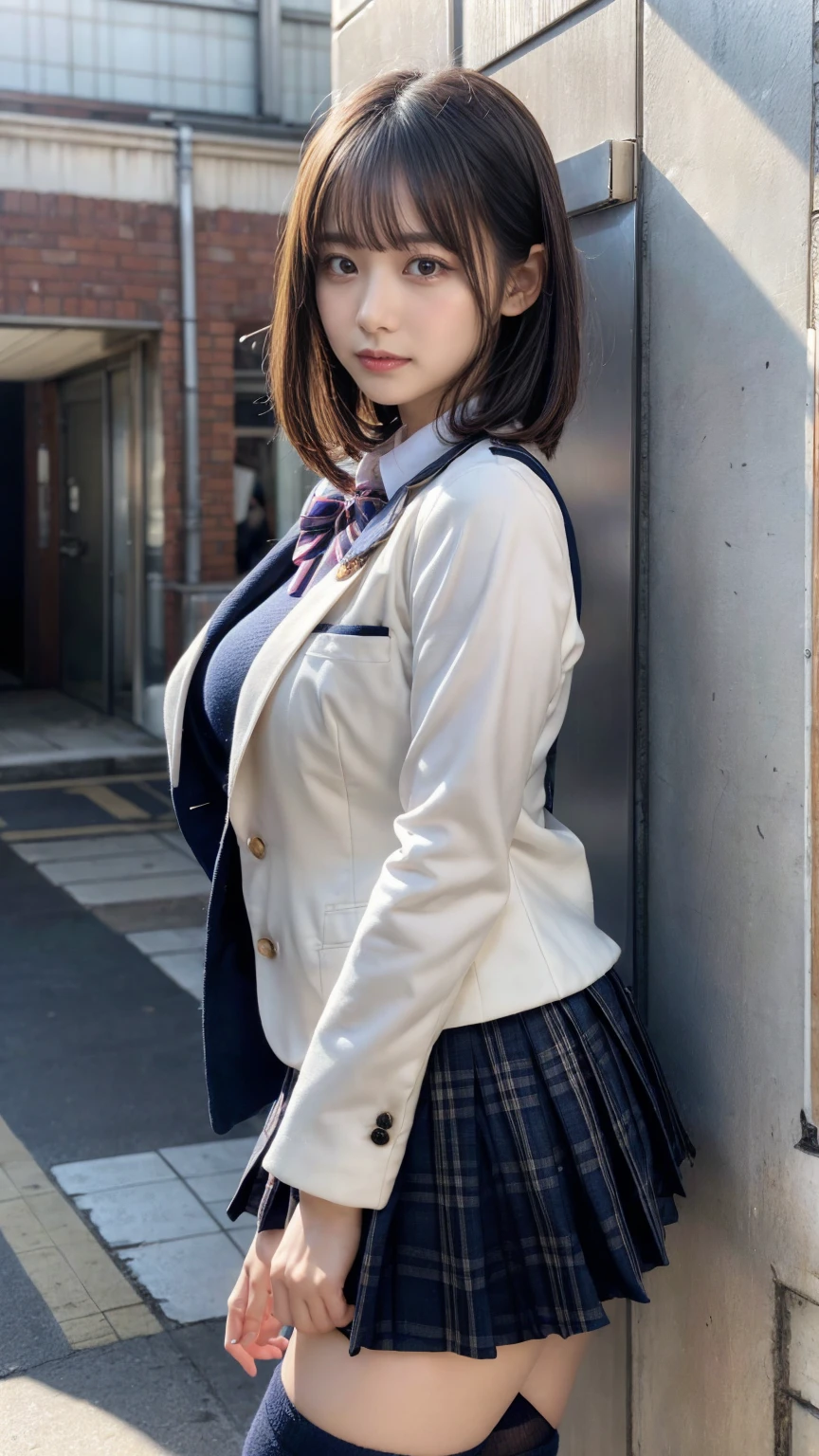 masterpiece, best quality, illustration, Super detailed, fine details, High resolution, 8K,wall paper, perfect dynamic composition,(Details High quality, realistic depiction of eyes:1.3), from side, High School Classroom、High school girl uniform、blazer 、Super Short Check Uniform Skirt、Navy blue high socks、garterbelts、Colossal tits、Disturbed uniform, short bob hair, black hair color, large breasts, Big Natural Color Lip, bold sexy pose, (perfect body shape), crying a little、cold gaze, Harajuku style、20 year old girl、cute type, beautiful legs, hposing Gravure Idol, Voluptuous thighs