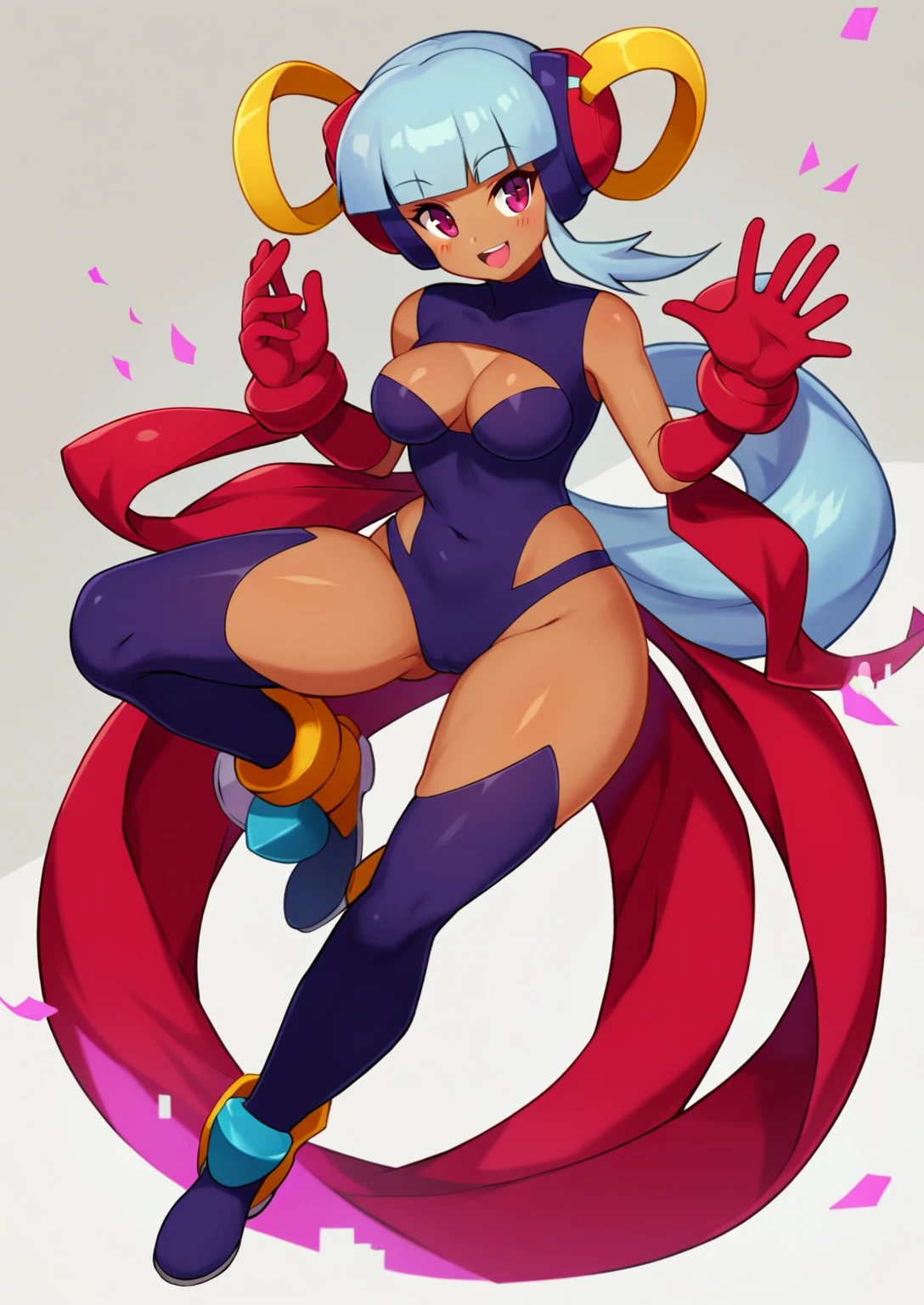 1in kinu-sensei artstyle, Kinu Nishimura style, muted pastel colors, full body, 1girl, long hair, mature female, tanned female, curvaceous figure, medium breasts, large hips, hourglass figure, solo, This image depicts a slender, humanoid character that is a reploid, a type of robot from the Mega Man X series. The character has a futuristic and stylized appearance, with a predominantly dark color scheme. The Reploid features a futuristic and functional design, incorporating a blend of military and utilitarian aesthetics. The character is depicted in a mechanical armor predominantly colored in vibrant purple, with contrasting red and white accents. The character has a himecut with blunt bangs, giving a dynamic and lively feel. The pose is confident and energetic, with fists raised and a wide stance, suggesting readiness and enthusiasm. The art style is reminiscent of anime, with exaggerated features and vibrant colors, emphasizing the character's agility and youthfulness, kinu-sensei artstyle,in kinu-sensei artstyle