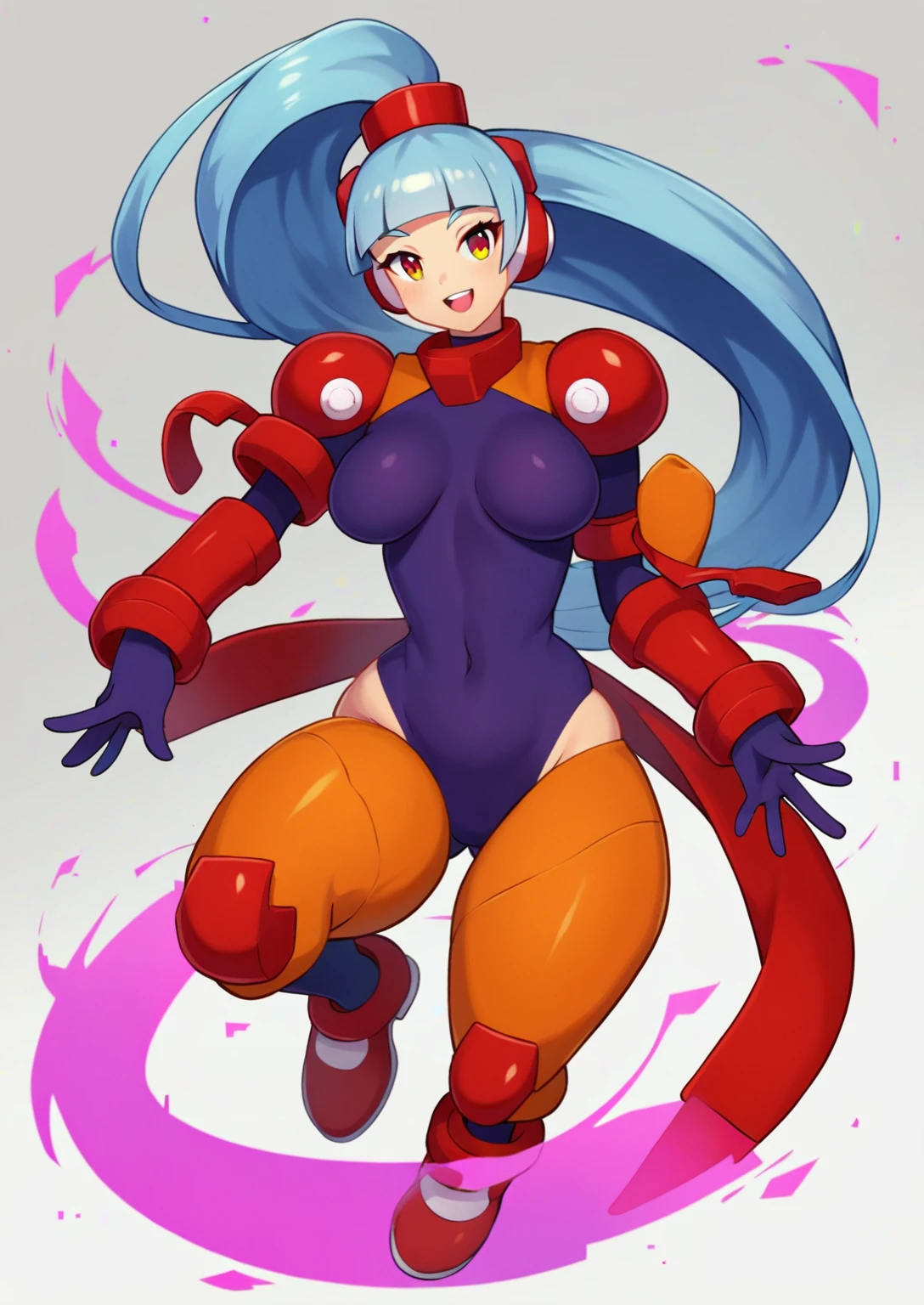 1in kinu-sensei artstyle, Kinu Nishimura style, muted pastel colors, full body, 1girl, long hair, mature female, tanned female, curvaceous figure, medium breasts, large hips, hourglass figure, solo, This image depicts a slender, humanoid character that is a reploid, a type of robot from the Mega Man X series. The character has a futuristic and stylized appearance, with a predominantly dark color scheme. The Reploid features a futuristic and functional design, incorporating a blend of military and utilitarian aesthetics. The character is depicted in a mechanical armor predominantly colored in vibrant purple, with contrasting red and white accents. The character has a himecut with blunt bangs, giving a dynamic and lively feel. The pose is confident and energetic, with fists raised and a wide stance, suggesting readiness and enthusiasm. The art style is reminiscent of anime, with exaggerated features and vibrant colors, emphasizing the character's agility and youthfulness, kinu-sensei artstyle,in kinu-sensei artstyle