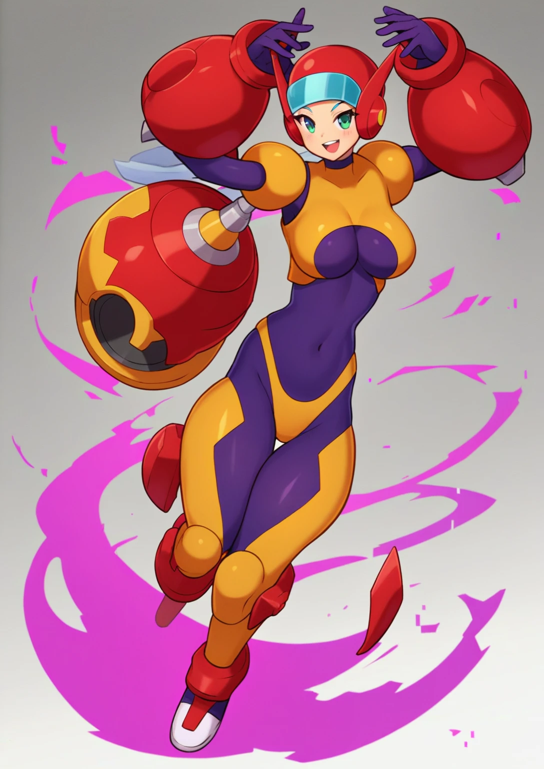 1in kinu-sensei artstyle, Kinu Nishimura style, muted pastel colors, full body, 1girl, long hair, mature female, tanned female, curvaceous figure, medium breasts, large hips, hourglass figure, solo, This image depicts a slender, humanoid character that is a reploid, a type of robot from the Mega Man X series. The character has a futuristic and stylized appearance, with a predominantly dark color scheme. The Reploid features a futuristic and functional design, incorporating a blend of military and utilitarian aesthetics. The character is depicted in a mechanical armor predominantly colored in vibrant purple, with contrasting red and white accents. The character has a himecut with blunt bangs, giving a dynamic and lively feel. The pose is confident and energetic, with fists raised and a wide stance, suggesting readiness and enthusiasm. The art style is reminiscent of anime, with exaggerated features and vibrant colors, emphasizing the character's agility and youthfulness, kinu-sensei artstyle,in kinu-sensei artstyle