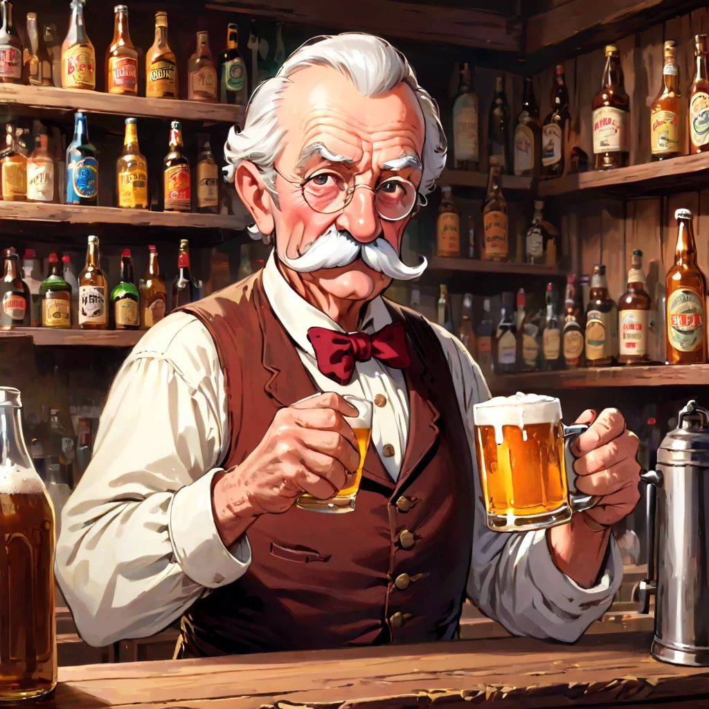 1man,Old West, Bartender, Beer, Whiskey, Liquor Shelf, Huge Mustache, Period Clothing, Old, slight, Skinny, Proboscis, big nose, tiny glasses, Grizzled, elderly, cleaning a mug of beer,