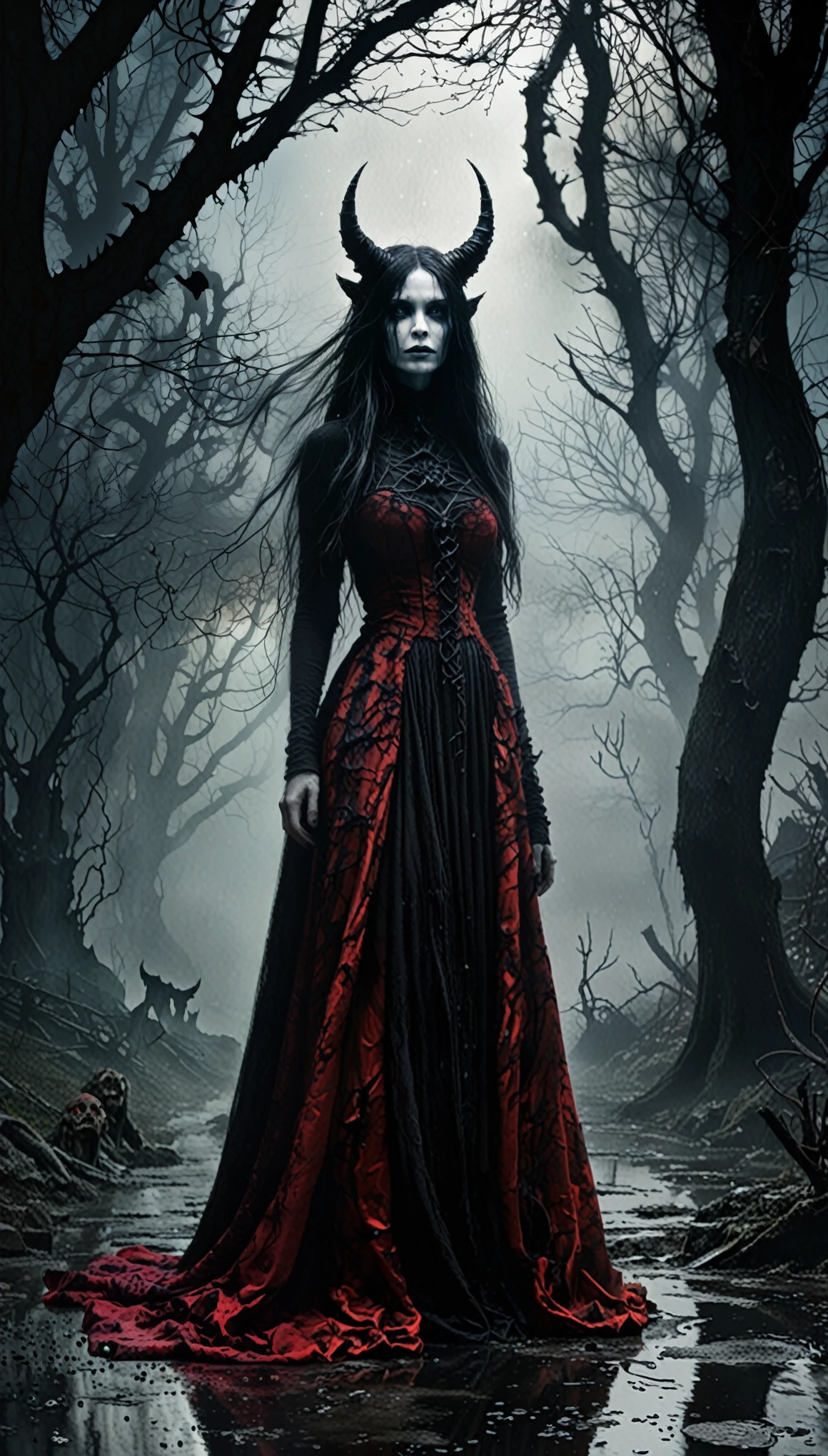 (orc:1.5),(devil theme:1.5),(dark horror theme:1.5),(thriller:1.5),(inspiration from Stephen King:1.5),(dark fantasy:1.5), (ink and watercolor painting:1.5), (black and white color:1.5), (ominous landscapes:1.5),(A large number of stars fly towards the viewer:1.5),(ruined:1.5),(ruined village:1.5),(1800s:1.5), (ruined theme:1.5),(lots of flying dust:1.5),(puddle:1.5),(Unpaved roads:1.5),(absurderes:1.5),(fantastic:1.5),(best quality:1.5),(masterpiece:1.5),full body length,Quartz Lepidolite babygirl in red dress,pretty face,full body shot,ominous landscape,Fluorite chrysocolla atmosphere,by art Simon Stalenhag,Nicola Samori,Wangechi Mutu,prime colors,extremely detailed,masterpiece,intricate details,faded,eyes extremely detailed, high detailed eyes,4k resolution,RAW, Nikon Z9,scary town,full body length,evil ghost, Winnie-the-Pooh Iridescent,intricate details,Stone Forest in Yunnan Province of China,ultra-detailed,dark and eerie atmosphere, ethereal presence, hauntingly beautiful, ghostly figures, swirling mists, supernatural entities, demonic essence, shadowy forms, eerie whispers, sinister aura, hauntingly pale skin, dark and twisted branches, flickering candlelight, macabre elements, mysterious and enigmatic, spectral apparitions, gothic art style, hauntingly captivating, spectral realm, hauntingly melancholic, otherworldly beauty, ethereal glow, hauntingly haunting, chilling and atmospheric, eerie and ominous lighting.