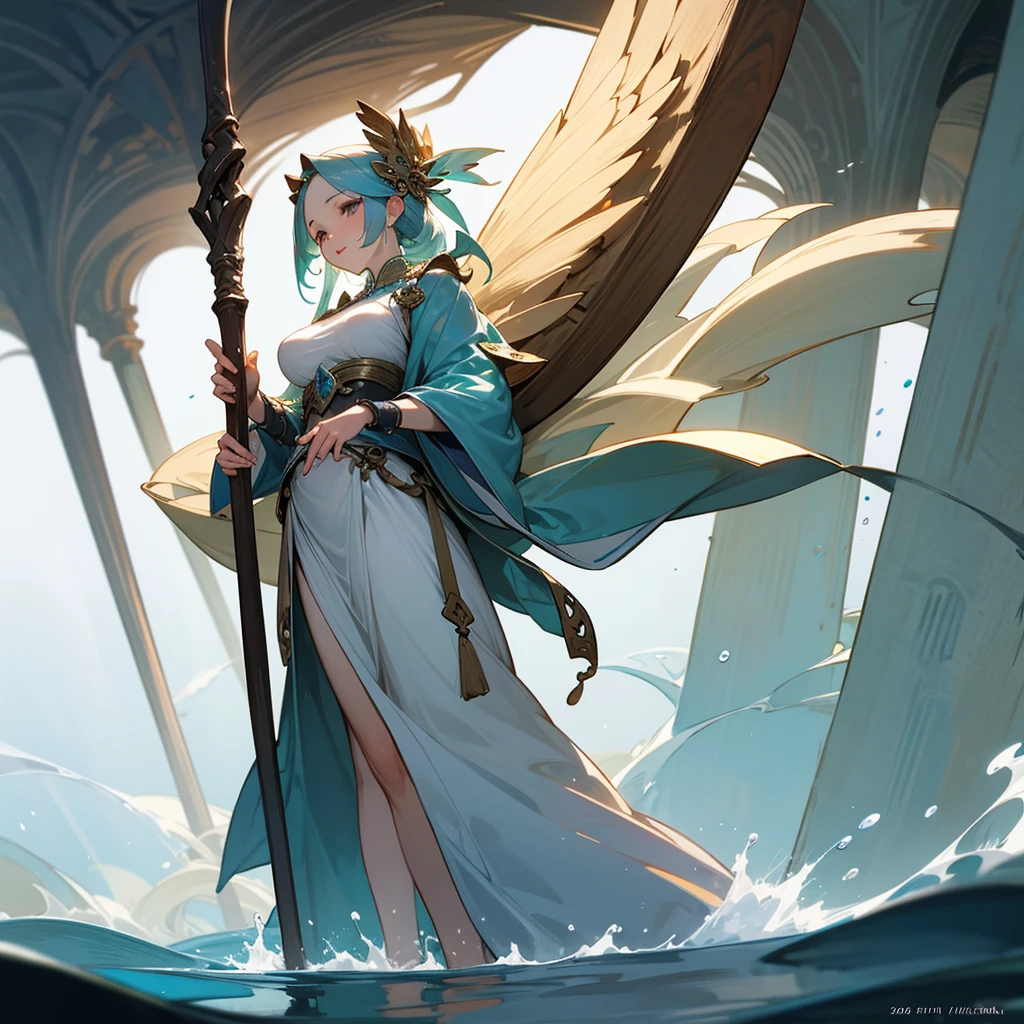 high resolution、Sexy、A pure and mature goddess。Water Goddess。Wearing a long white dress skirt。He holds a large, decorated stick in his hand.。
Fantasy、beautiful。