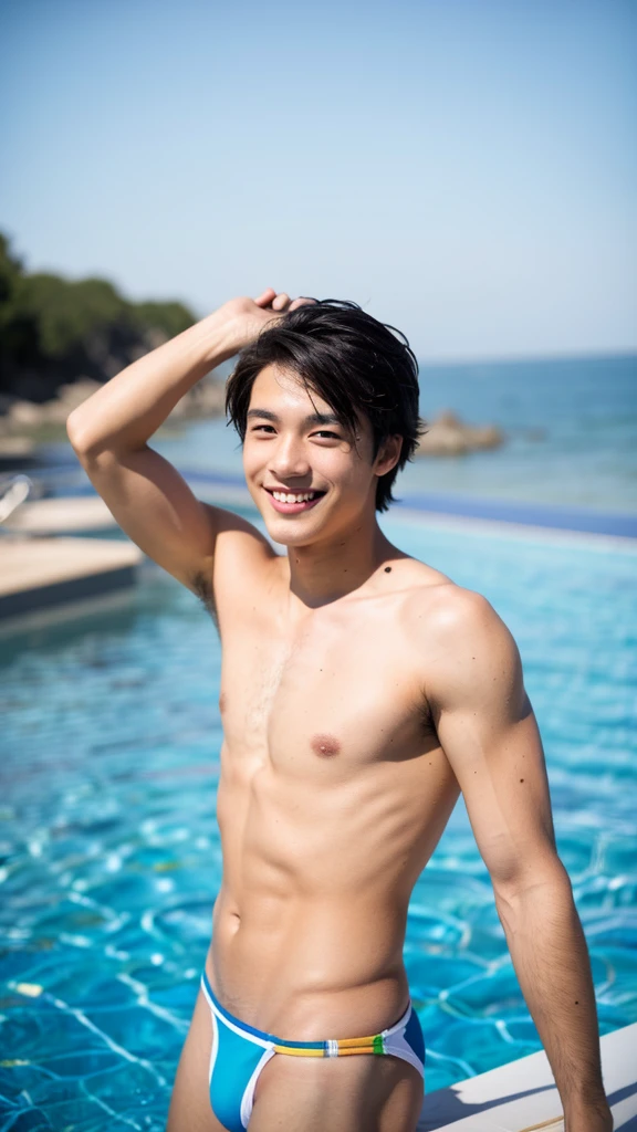 male Age 21 swimwear topless smile handsome