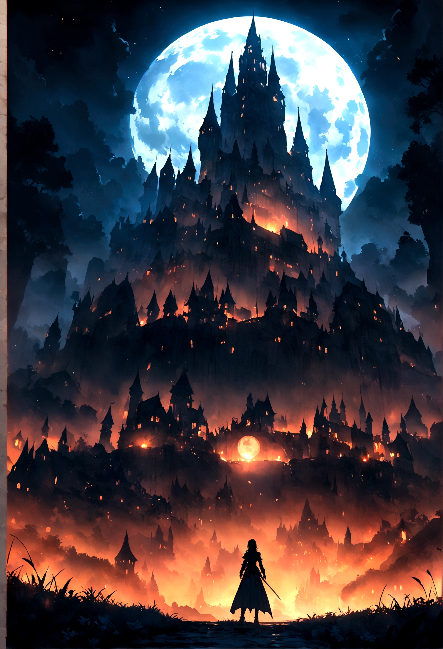 A fantastic night view, a castle standing in front of you, the moon