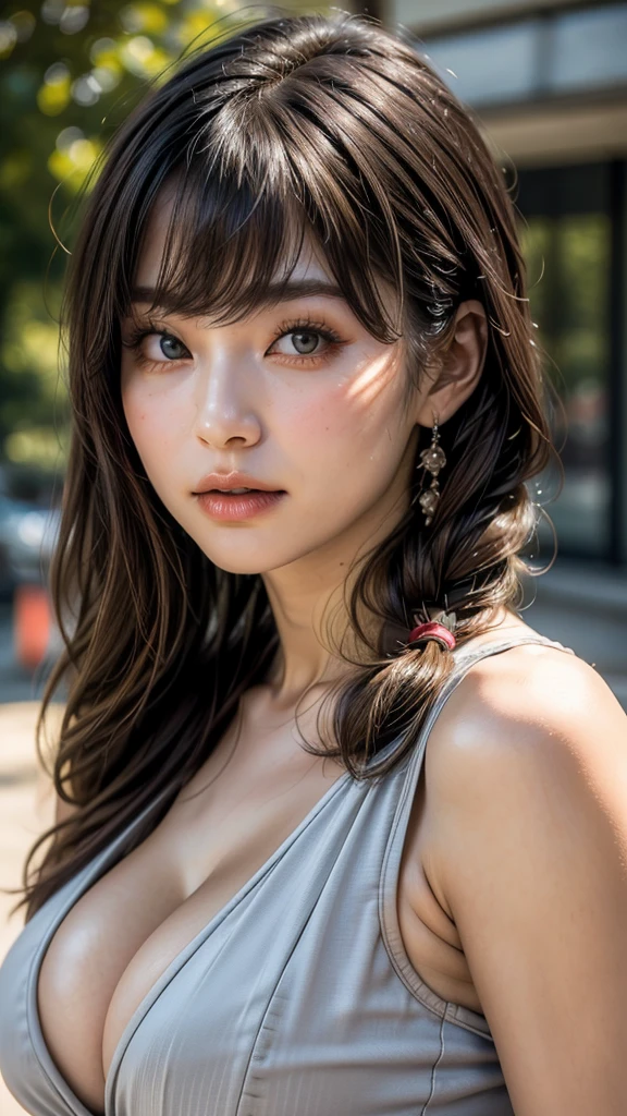 (masterpiece:1.3), (8K, Photorealistic, Raw photo, Best image quality: 1.4), Japanese schoolgirl、(Random Hairstyles:1.2)、Cleavage:1.2、Super detailed face、Attention to detail、double eyelid、Put your chest together、Sharp focus:1.2、Beautiful woman:1.4、Light brown hair、Highest quality、masterpiece、Ultra-high resolution、(Photorealistic:1.4)、, compensate, eye shadow, Thick eyelashes, Fantasy, Looking at the audience, spring ((Natural big breasts:1.2)),((Upper Body))