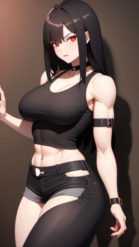 1 girl, muscular, black hair, red eyes, pale skin, solo, shoulder length hair, curvy, very wide hips, large ass, narrow waist, thick thighs, very huge breasts, black choker, black tank top, black jean booty shorts, sultry, navel piercing, midriff six-pack abs, visible cleavage