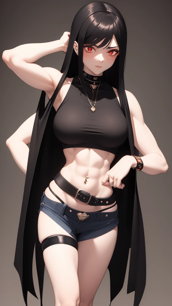 1 girl, muscular, black hair, red eyes, pale skin, solo, shoulder length hair, curvy, very wide hips, large ass, narrow waist, thick thighs, very huge breasts, black choker, black tank top, black jean booty shorts, sultry, navel piercing, midriff six-pack abs, visible cleavage
