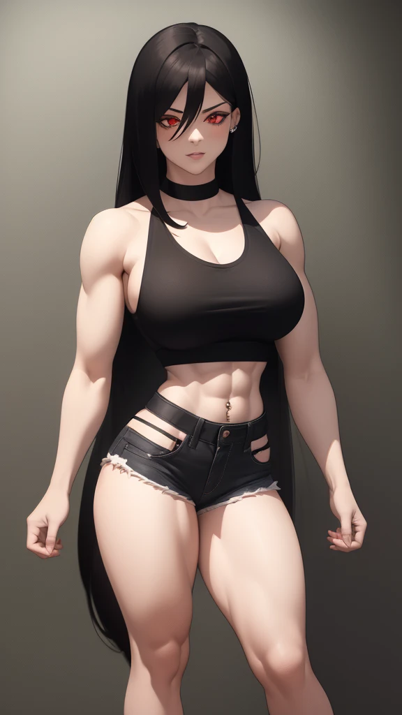 1 girl, muscular, black hair, red eyes, pale skin, solo, shoulder length hair, curvy, very wide hips,  large ass, narrow waist, thick thighs, very huge breasts, black choker, black tank top, black jean booty shorts, sultry, navel piercing, midriff six-pack abs, visible cleavage
