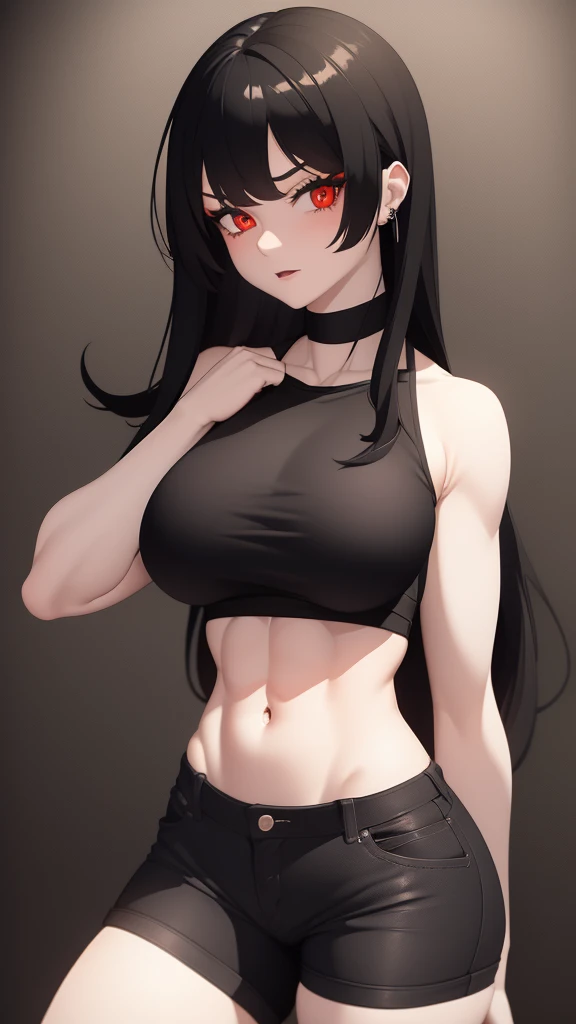 1 girl, muscular, black hair, red eyes, pale skin, solo, shoulder length hair, curvy, very wide hips, large ass, narrow waist, thick thighs, very huge breasts, black choker, black tank top, black jean booty shorts, sultry, navel piercing, midriff six-pack abs, visible cleavage