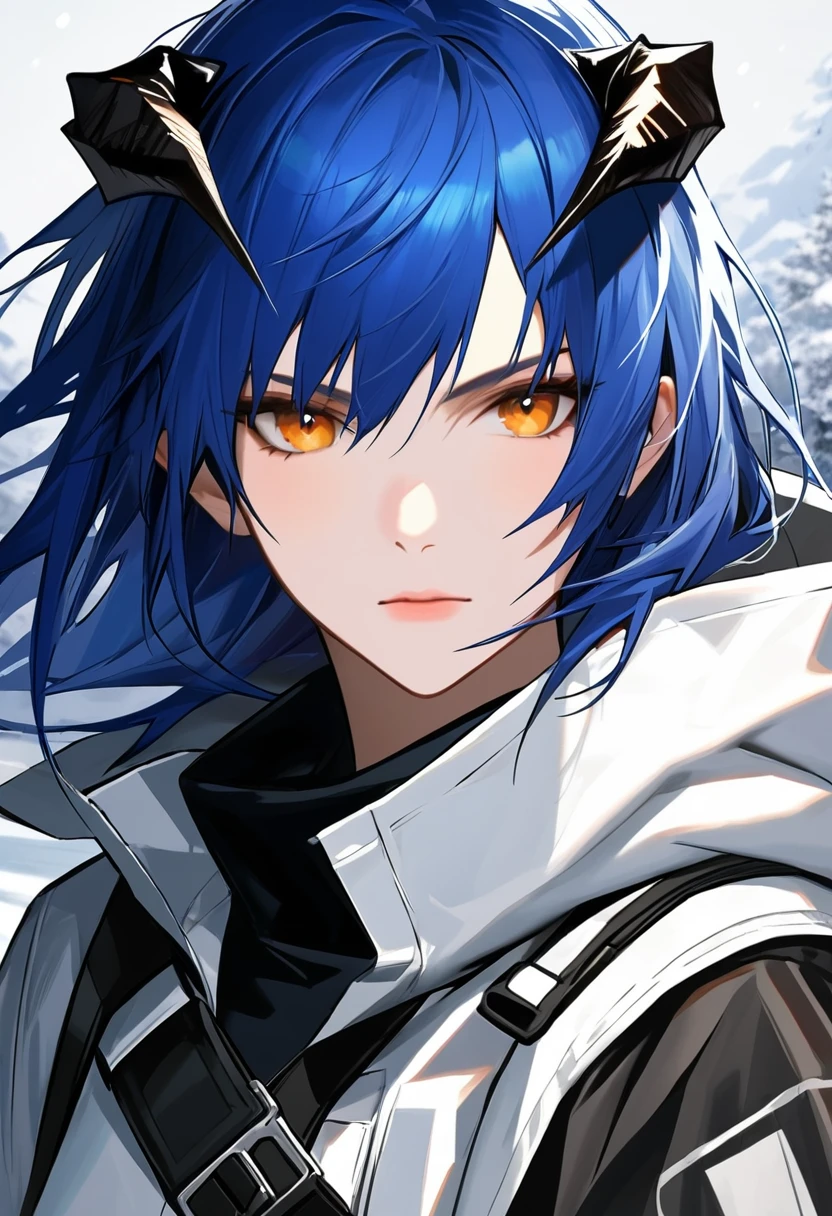 ((adult)), (woman), ((tall)), ((Mostima from arknights)) , masterpiece, best quality, ((Bluer hair long)), horns, plain white shirt, white coat, black furred hood, realistic anime style, snow background, portrait.
