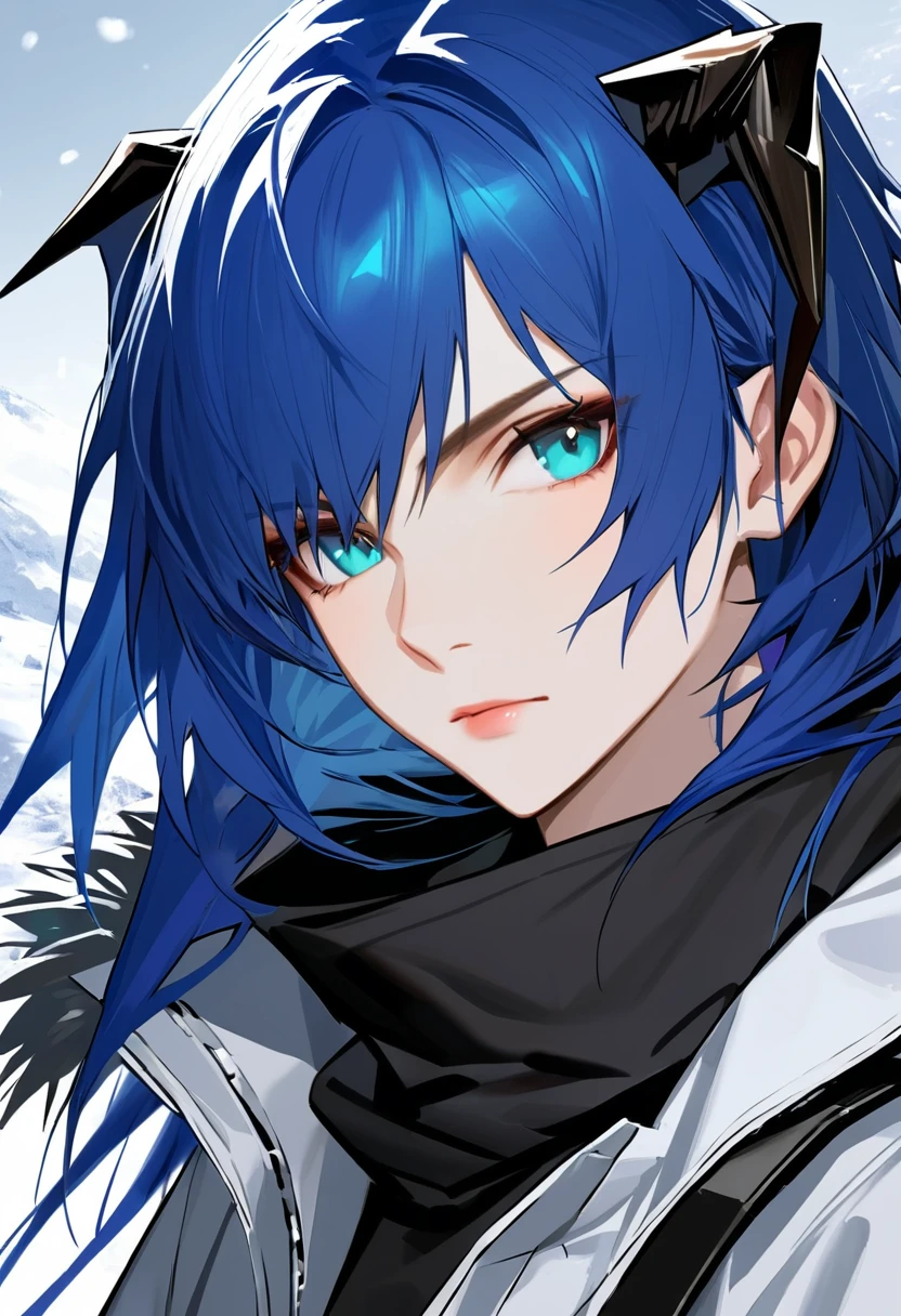 ((adult)), (woman), ((tall)), ((Mostima from arknights)) , masterpiece, best quality, ((Bluer hair long)), horns, plain white shirt, white coat, black furred hood, realistic anime style, snow background, portrait.