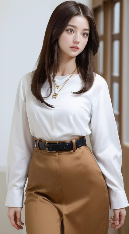 (Highest quality, High resolution, masterpiece :1.3), Tall and beautiful woman, Slim Abs, Dark brown hair styled in loose waves, chest, Wearing a pendant, White button-up shirt, belt, Black Skirt, (Modern architecture in the background), Exquisite expression of facial and skin texture details, Fine grain, double eyelid