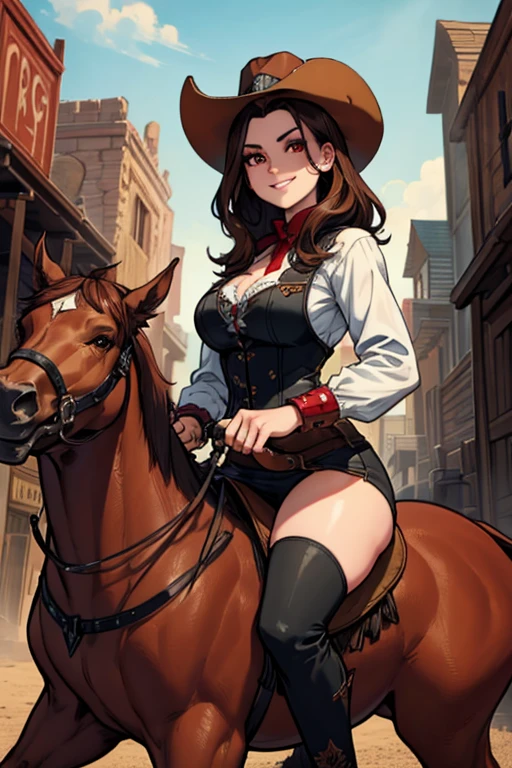 Perfect face, Perfect hands. A brown haired woman with red eyes and an hourglass figure in a Gothic conservative cowgirl is riding a horse through a wild west town with a big smile