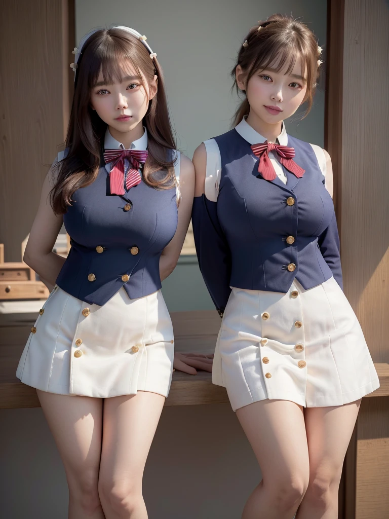 Highest quality、masterpiece、、Very detailed、Realistic、(Two Girls)、(Looking at me with a smile:1.2)、whole body、Small face、Narrow shoulders、(Big Breasts:1.4)、Thin and beautiful legs、Tight and slim waist、 uniform、(Navy blue blazer jacket)、(Sleeveless white dress with buttons and collar:1.2)、(Red bow tie)、(Leaning forward:1.6)、Erect nipples