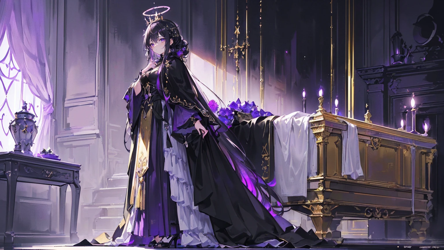 (Super detailed)),((illustration)),((masterpiece)),(((need))),((fine、Highest quality CG Unity 8K wallpapers,masterpiece),((4K,masterpiece,best quality)),Black hair queen,Sexy,Lilac eyes,Standing upright in a coffin,Mature,Hair Bunch,Hair tied on both sides,Black and gold gauze robe,Black and purple French vintage clothing,Gorgeous pure black cape,Black veil,Purple-white halo,Black and purple high heels,Wearing a crown on the head,Holding a knight's sword,pyramid,Emitting dim purple light,under deep sea,under deep sea的废墟,under deep sea排满棺材,Mysterious symbols