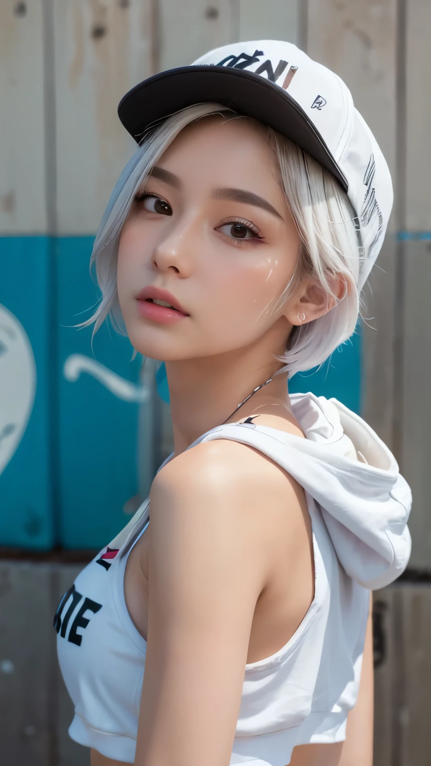 masterpiece, Highest quality, Very detailed, 8K, Realistic, One Girl, alone, Tomboy, Very detailed face, (head shot:1.5), Standing in front of a wall covered in hip hop graffiti, Pixie cut white hair, He is wearing a short tank top and an open-zipped hoodie..,I can see your chest,Nice ass,Wear a New Era cap,Facing forward