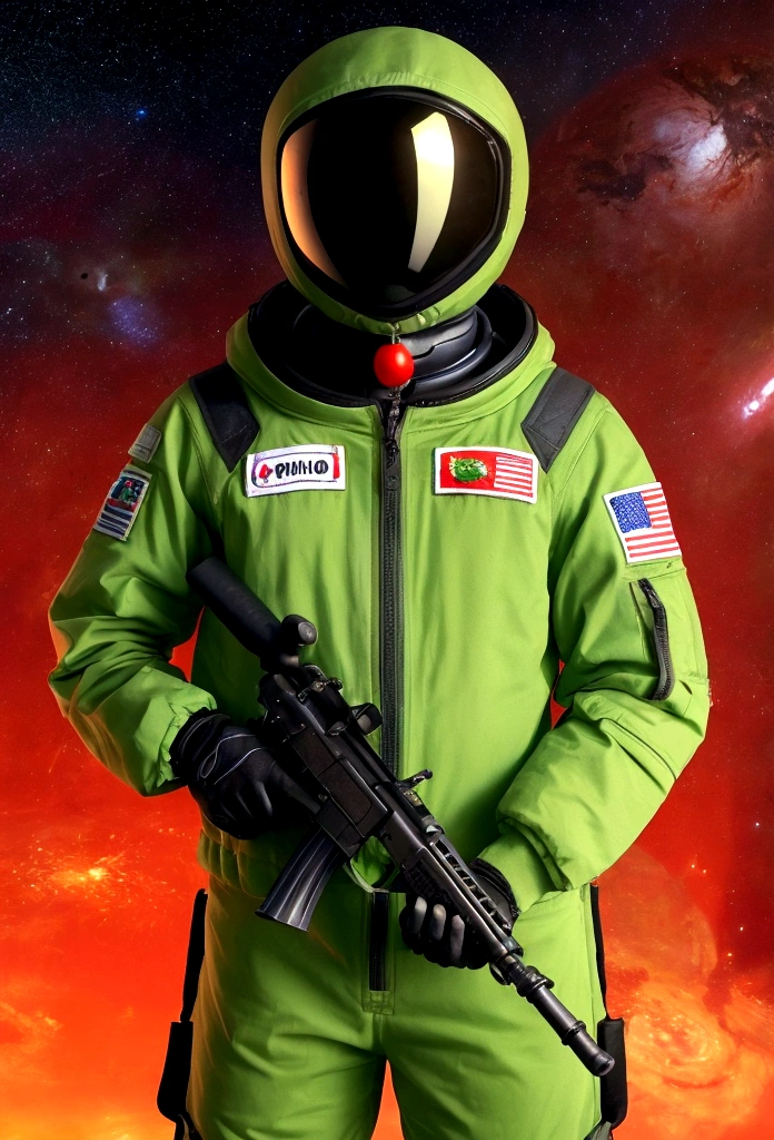 Three Tomato Aliens、It has a green tomato stem on its head、The head is a red tomato、Wearing a space suit、With a rifle in his hand、The background is space