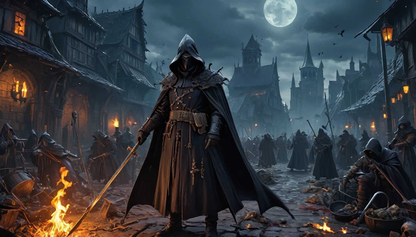 (anime, fantasy, black death), (detailed CG unity 8k wallpaper, masterpiece, best quality, ultra-detailed, HDR:1.2), vibrant colors, intricate, high FXAA, dark fantasy, black death medieval, plague doctor, plague, dark times, apocalypse, suffering