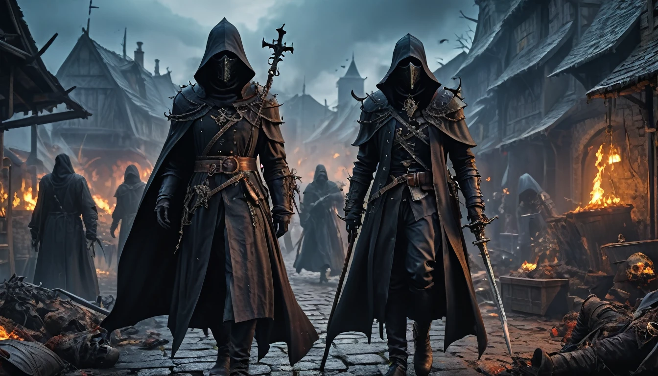 (anime, fantasy, black death), (detailed CG unity 8k wallpaper, masterpiece, best quality, ultra-detailed, HDR:1.2), vibrant colors, intricate, high FXAA, dark fantasy, black death medieval, plague doctor, plague, dark times, apocalypse, suffering