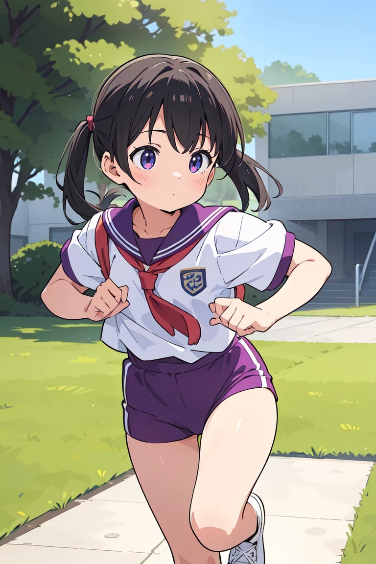 surely、With one girl1 male teacherを登場させてください,Highest quality,1990s anime style illustration,With one girl、1 male teacher,barefoot,girl,A girl in gym clothes、Running in the schoolyard,girlは素足です,girlは汗をかきながら、I'll run for my life,Next to one girl、1 male teacherが指導します