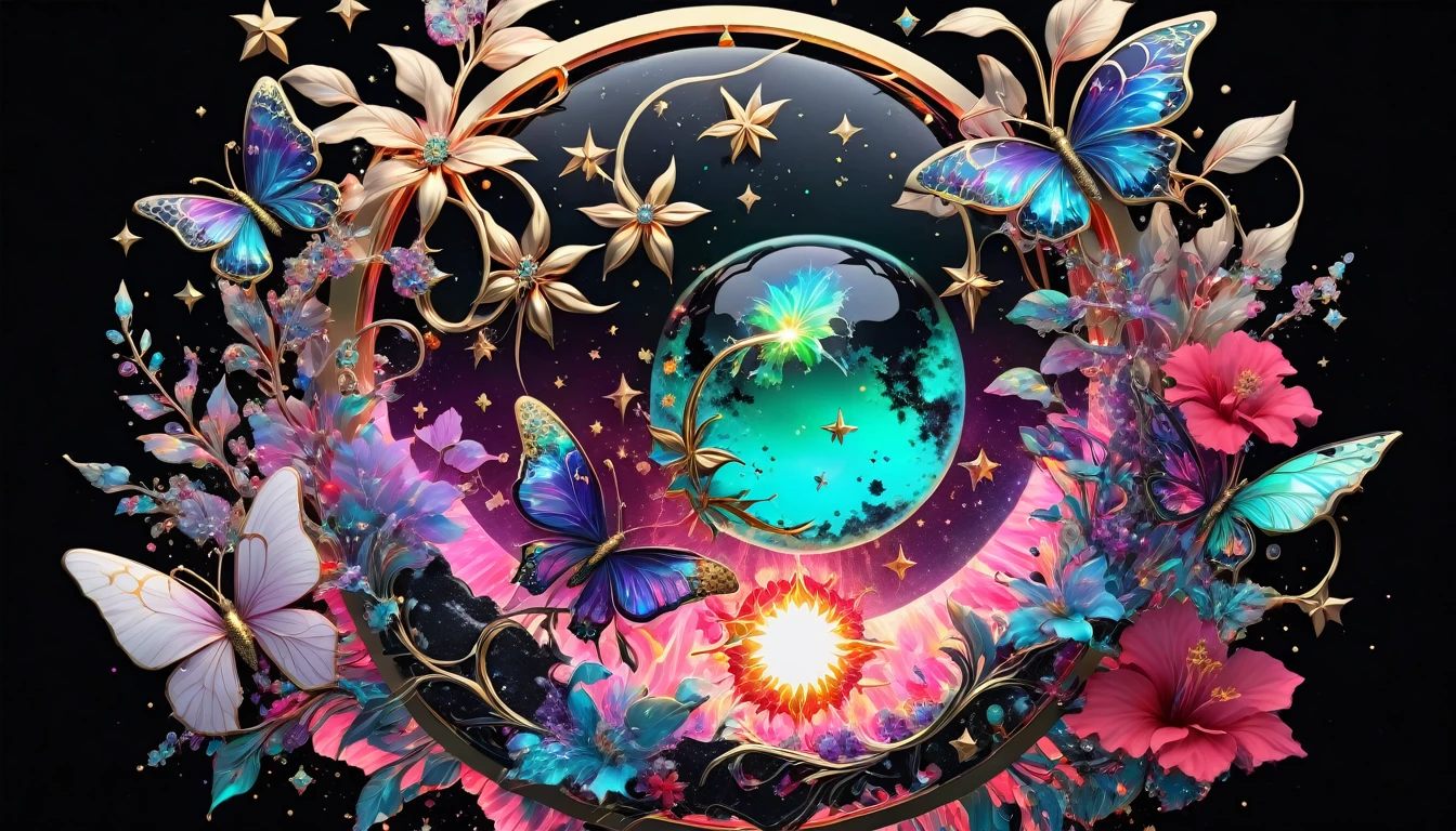 Deep black space background、star、惑star、the sun and the moon、colorful paint splash、 Surrounded by bright light.Cosmic Black with Neon Bioluminescent Color, Icy Red,14kt pure gold color. Creating a fusion of these symbols,Fiery pink rose, Bioluminescent Neon Blue, Red hibiscus, Fiery Bioluminescent Green Turquoise, Purple and white diamonds、Lots of purple sapphires and emeralds、Colorful butterflies