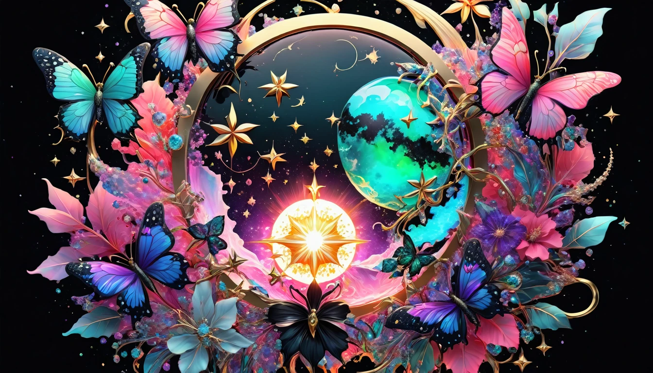 Deep black space background、star、惑star、the sun and the moon、colorful paint splash、 Surrounded by bright light.Cosmic Black with Neon Bioluminescent Color, Icy Red,14kt pure gold color. Creating a fusion of these symbols,Fiery pink rose, Bioluminescent Neon Blue, Red hibiscus, Fiery Bioluminescent Green Turquoise, Purple and white diamonds、Lots of purple sapphires and emeralds、Colorful butterflies