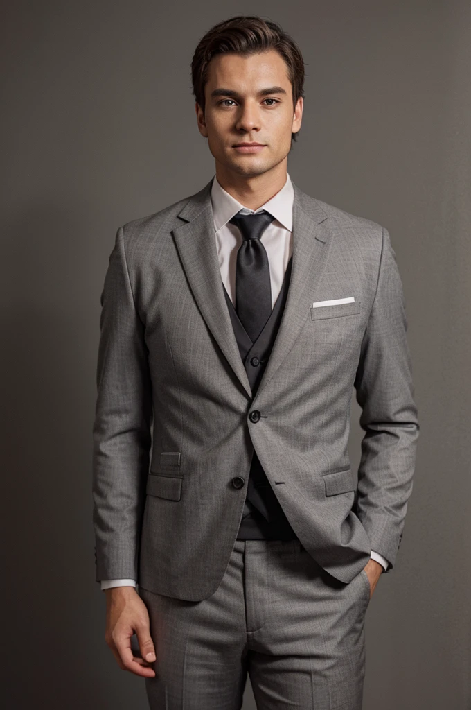 Photo of a half-bodied man wearing formal clothes on a gray background