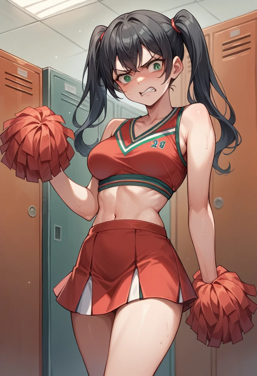 Cheerleader, medium breasts, long black hair, twin tails, disgusted expression, green eyes, red cheerleader outfit, locker room,