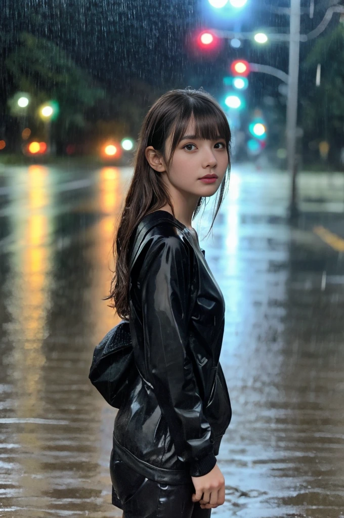 24year old beautiful girl、Highest image quality、realistic、16K、beautiful woman、long hair、With bangs、Pretty slim、heavy rain、While walking through the Beach in the rain、wet from heavy rain、Full body figure、黒のレースドレス、Standing on the beach、Large Breast、Heavy Rain、My hair got wet in the heavy rain、