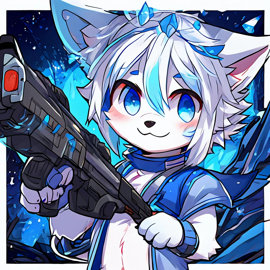 male arctic fox holding a gun, white hair with light blue tips, 独奏, cute