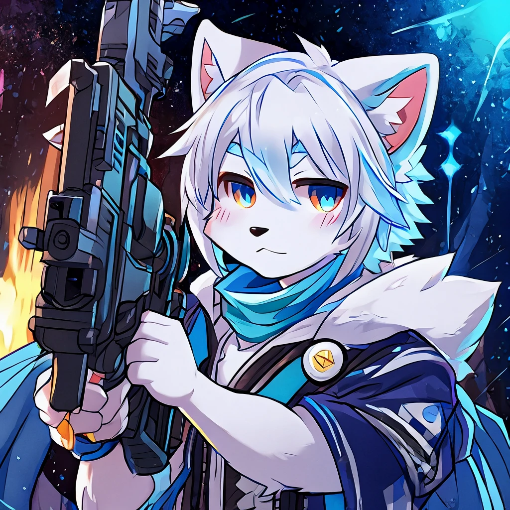 male arctic fox holding a gun, white hair with light blue tips, 独奏, cute