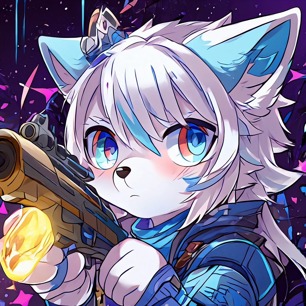 male arctic fox holding a gun, white hair with light blue tips, 独奏, cute