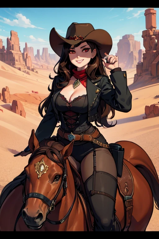 Perfect face, Perfect hands. A brown haired woman with red eyes and an hourglass figure in a Gothic conservative cowgirl is riding a horse into the desert with a big smile