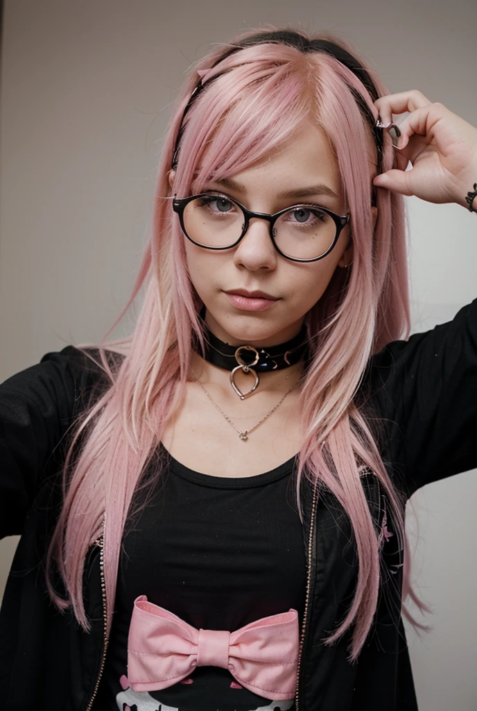 cute scene emo girl, blonde and pink hair, black glasses, choker, taking a selfie
