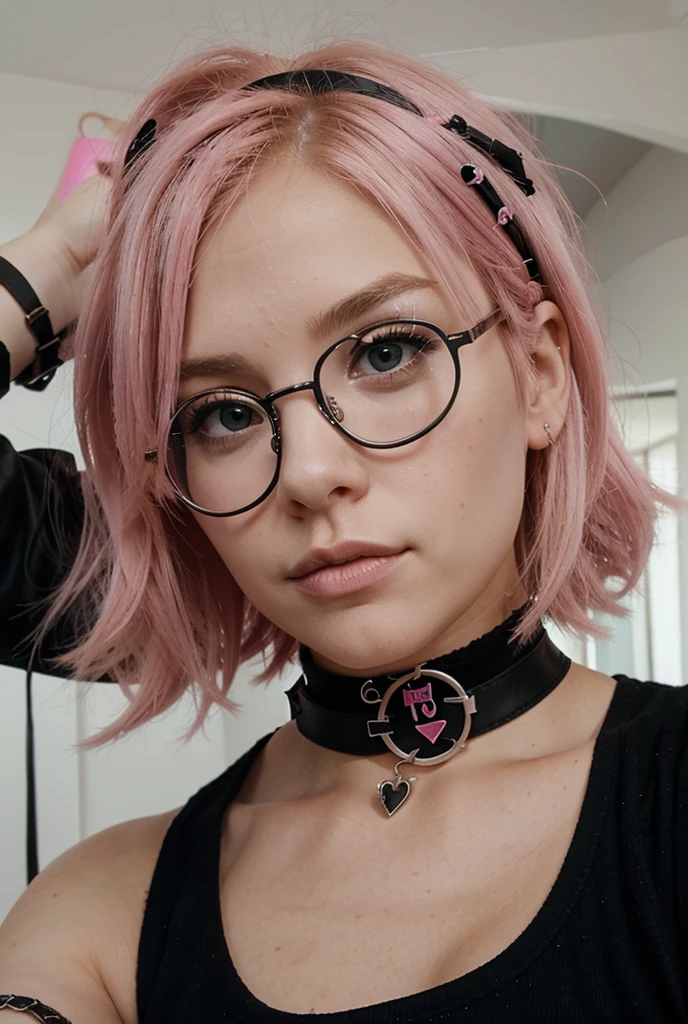 cute scene emo girl, blonde and pink hair, black glasses, choker, taking a selfie