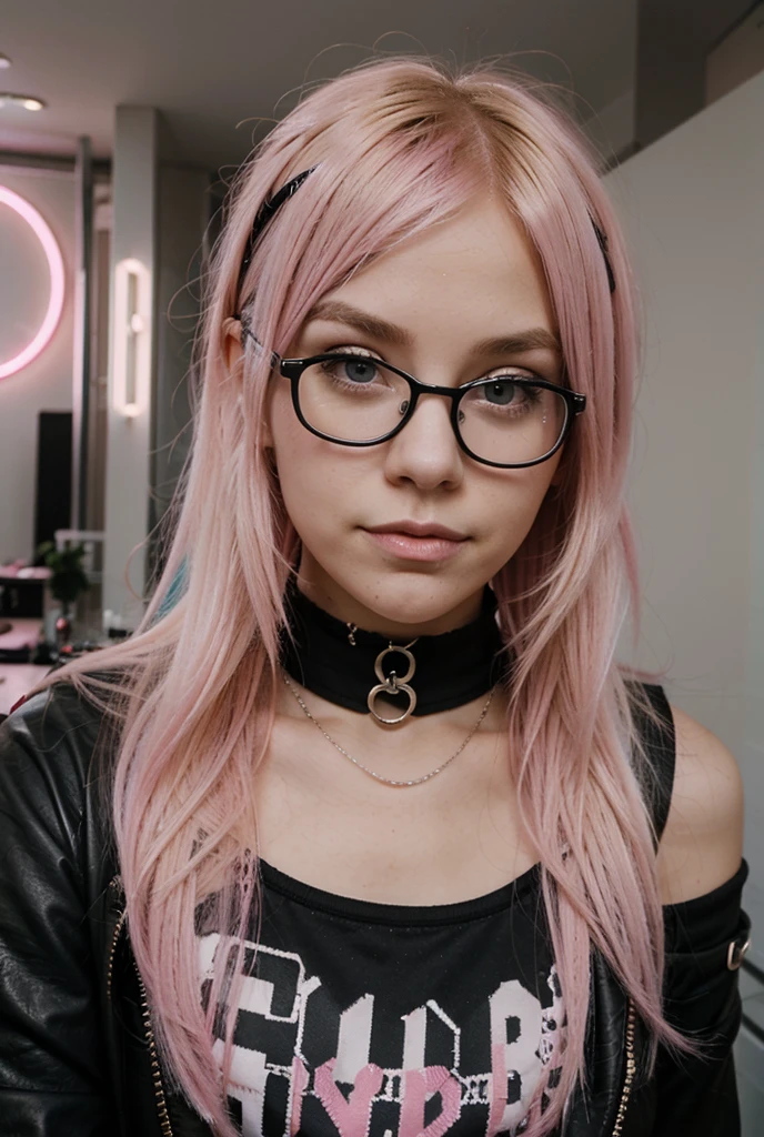 cute scene emo girl, blonde and pink hair, black glasses, choker, taking a selfie