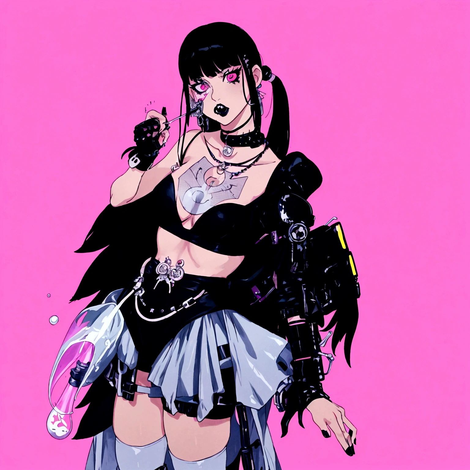 there is a woman in a costume that is standing up, inspired by Awataguchi Takamitsu, morrigan, bubble goth, glitchpunk girl, spellcasting pose, inspired by Jin Homura, cyberpunk style outfit, jet black haired cyberpunk girl, glamorous tifa lockheart, goth girl, inspired by Sim Sa-jeong, cyberpunk outfit
