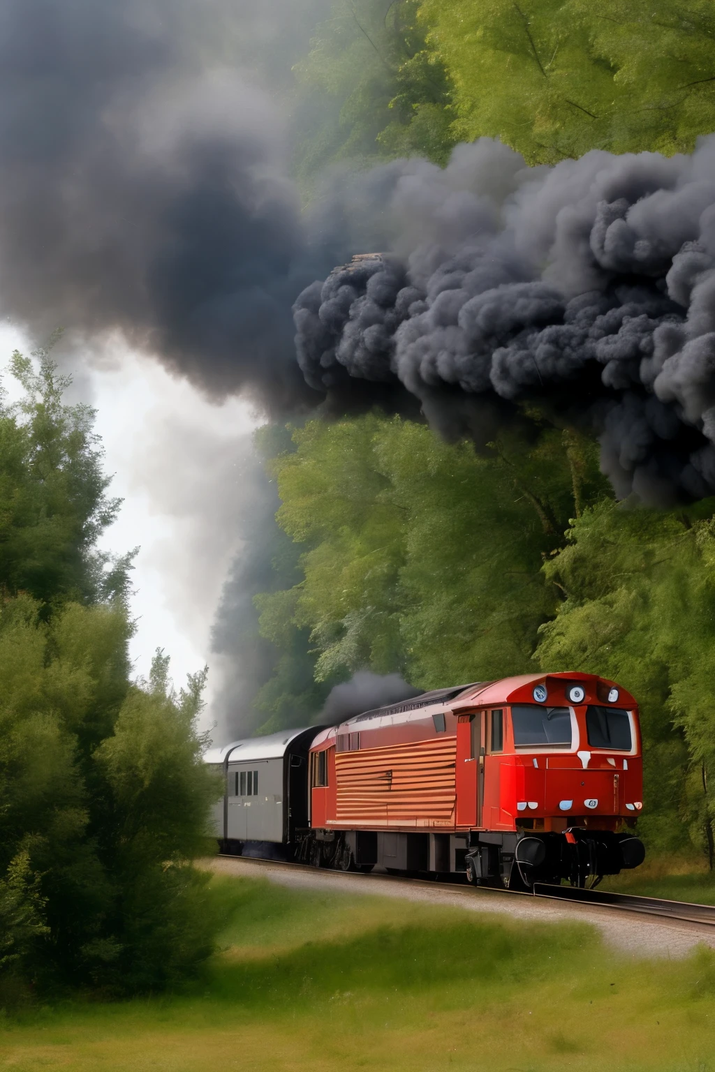 A red diesel locomotive comes directly in front of you, emitting smoke and coming at you from the dark forest.