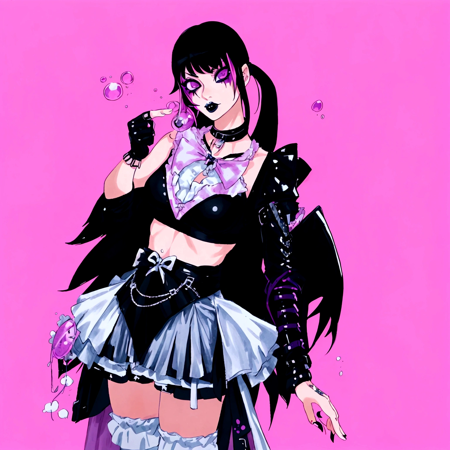 there is a woman in a costume that is standing up, inspired by Awataguchi Takamitsu, bubble goth, glitchpunk girl, inspired by Jin Homura, pastel goth, morrigan, spellcasting pose, dressed in a frilly ((ragged)), goth girl, dollpunk, glamorous tifa lockheart, dressed in punk clothing