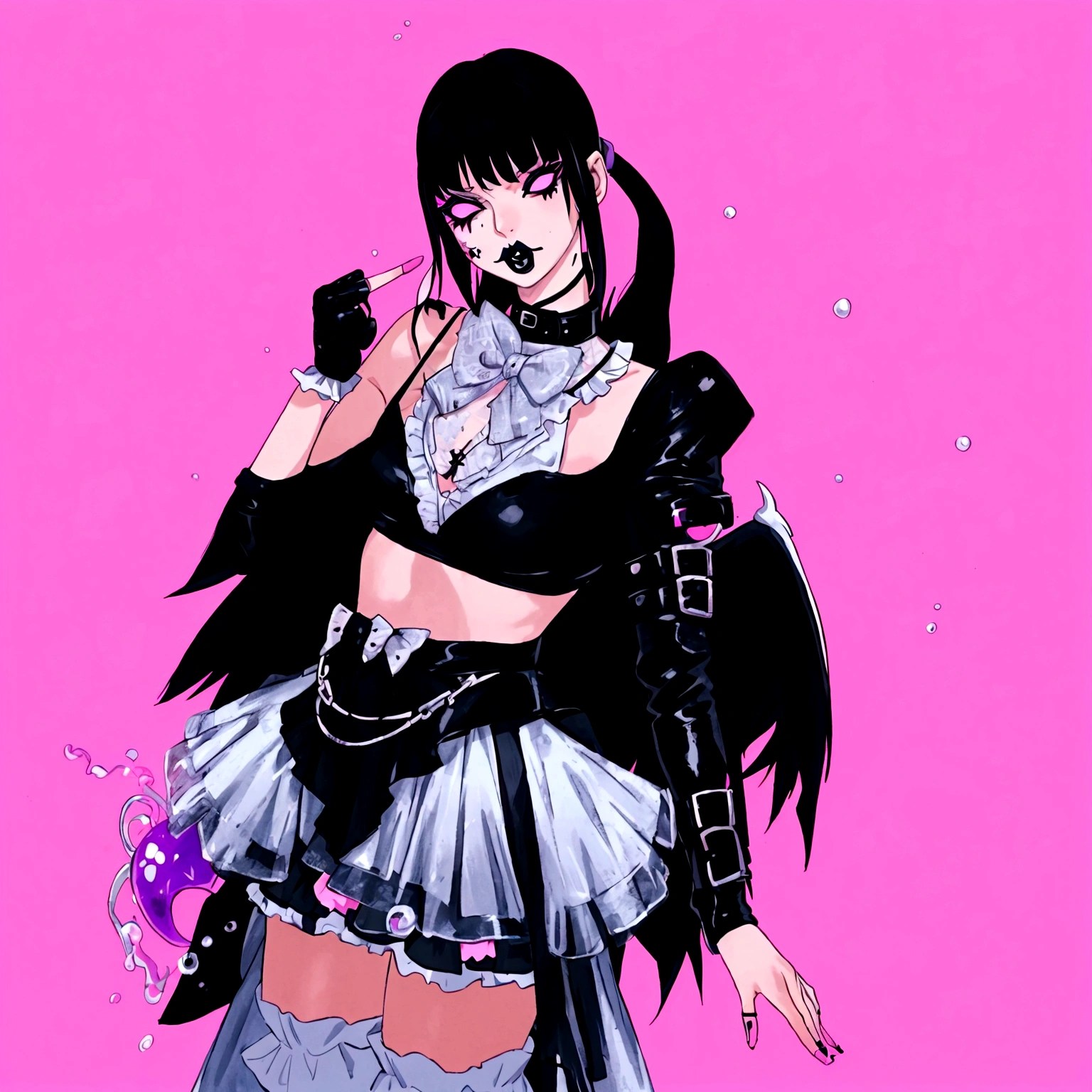 there is a woman in a costume that is standing up, inspired by Awataguchi Takamitsu, bubble goth, glitchpunk girl, inspired by Jin Homura, pastel goth, morrigan, spellcasting pose, dressed in a frilly ((ragged)), goth girl, dollpunk, glamorous tifa lockheart, dressed in punk clothing