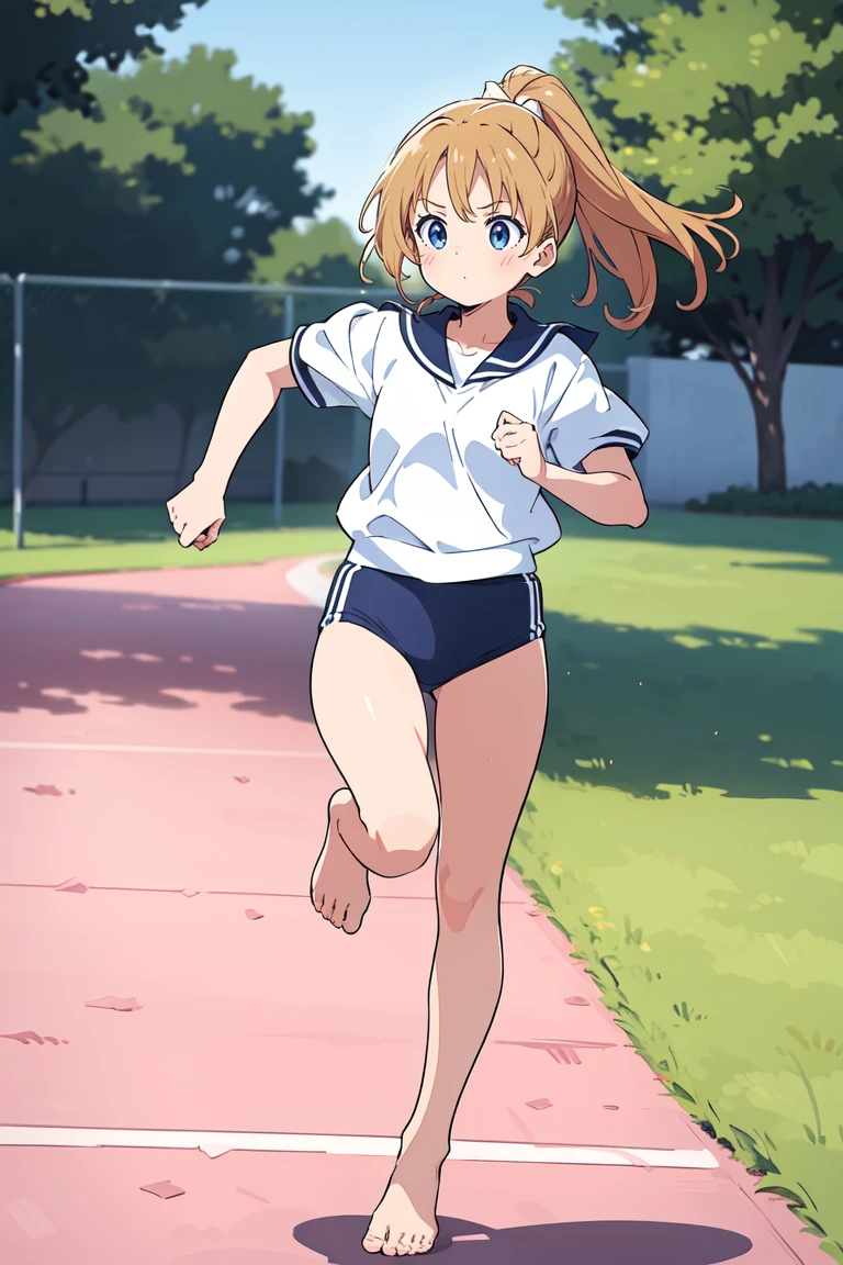 Highest quality,1990s anime style illustration,With one girl、1 male teacher,barefoot,girl,A girl in gym clothes、Running in the schoolyard,girlは素足です,girlは汗をかきながら、I'll run for my life,Next to one girl、1 male teacherが指導します,Perspective from behind