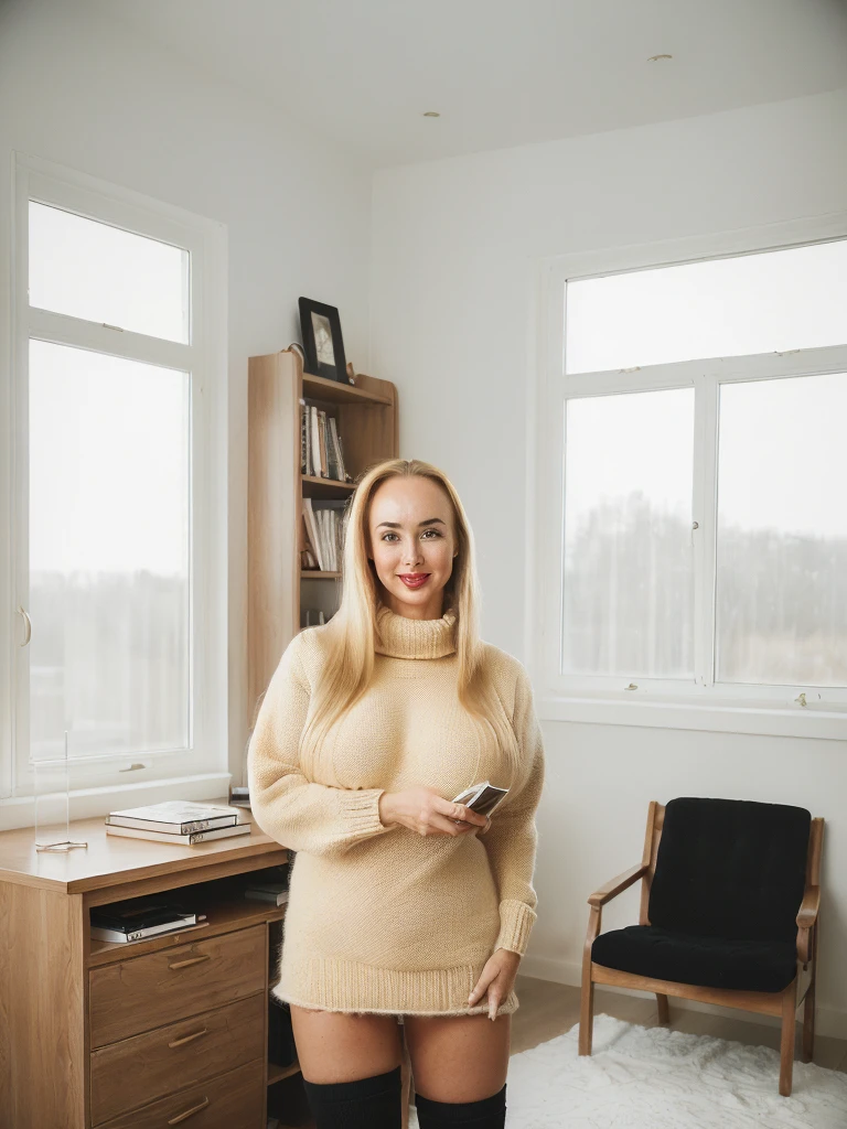 1 girl, (((Gretchen Barretto))), photorealistic photo of Gretchen Barretto, photo of a Swedish woman, cleavage, (((full lips and wide forehead))), middle age, (((Blonde long straight hair))), (((50-year-old woman))), body of 45-year-old woman, (((wrinkles on her face and body))), (((she is dressed in a tight fluffy woolen sweater, tight miniskirt, white knee high socks,))), (((dynamic pose))), she is looking at the camera smiling, (((she seductively stands in her modern study room, surrounded by sleek, minimalist furniture. The room is bathed in natural light streaming through large windows, emphasizing the clean lines and neutral tones of the decor. A spacious desk occupies one corner, clutter-free except for a laptop and a few carefully arranged books. The walls are adorned with abstract artwork or shelves displaying a collection of thoughtfully chosen items. The atmosphere is serene, fostering concentration and creativity, making it an ideal space for focused work or peaceful contemplation))), she is looking at the camera smiling