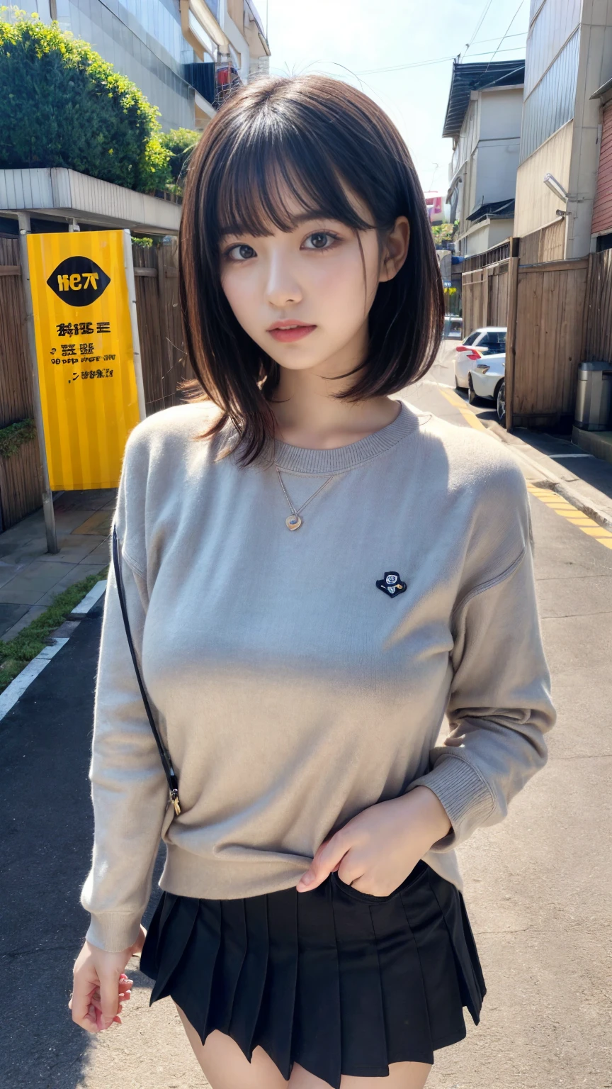 masterpiece, best quality, illustration, Super detailed, fine details, High resolution, 8K,wall paper, perfect dynamic composition,(Details High quality, realistic depiction of eyes:1.3), Highly detailed and elegant applique cotton jersey sweatshirt made of cotton jersey。, Pleated skirt, Features a relaxed and relaxed silhouette., short bob hair, black hair color, Big Natural Color Lip, (perfect body style), sexy pose, crying a little、 Harajuku style、20 year old girl、cute type、lolita, hposing Gravure Idol, full body photo、focus on crotch, huge breasts