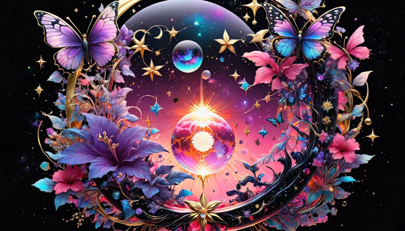 Deep black space background、star、惑star、the sun and the moon、colorful paint splash、 Surrounded by bright light.Cosmic Black with Neon Bioluminescent Color, Icy Red,14kt pure gold color. Creating a fusion of these symbols,Fiery pink rose, Bioluminescent Neon Blue, Red hibiscus, Fiery bioluminescent purple crystal, Purple and white diamonds、Lots of purple sapphires and emeralds、Colorful butterflies