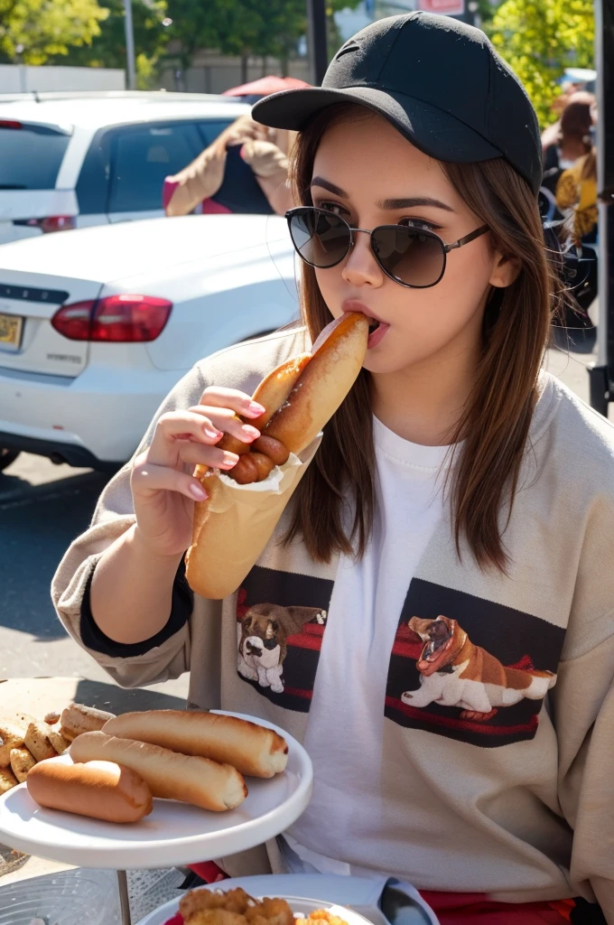 A wild bulldog wearing sunglasses eating a hot dog